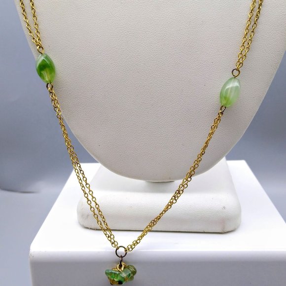 Vintage Double Strand Delicate Chain Necklace, Gold Tone with Green Art Glass - Picture 5 of 5